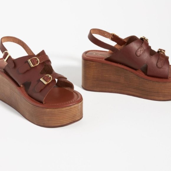 Anthropologie Buckle Platform Wedge Sandal Slingback Size EU 40 Brown - Picture 2 of 9